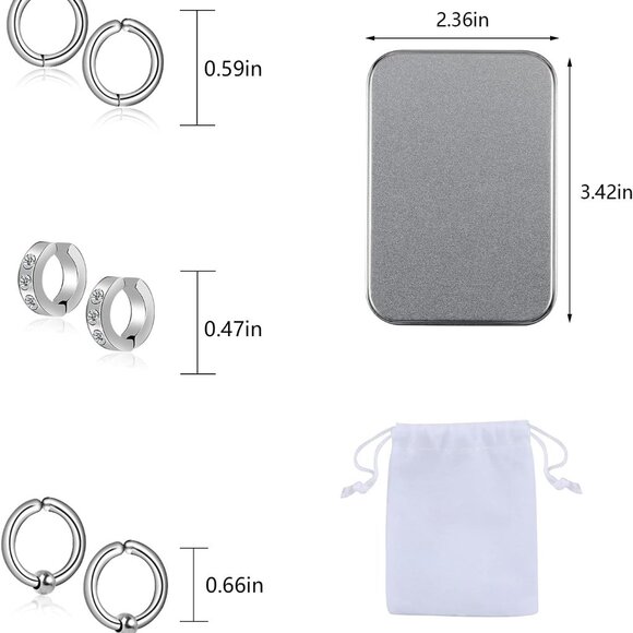 20 Pcs Silver Stainless Steel Non-Piercing Dangle Hoop Earrings for Men, Gift Bo - Picture 3 of 7